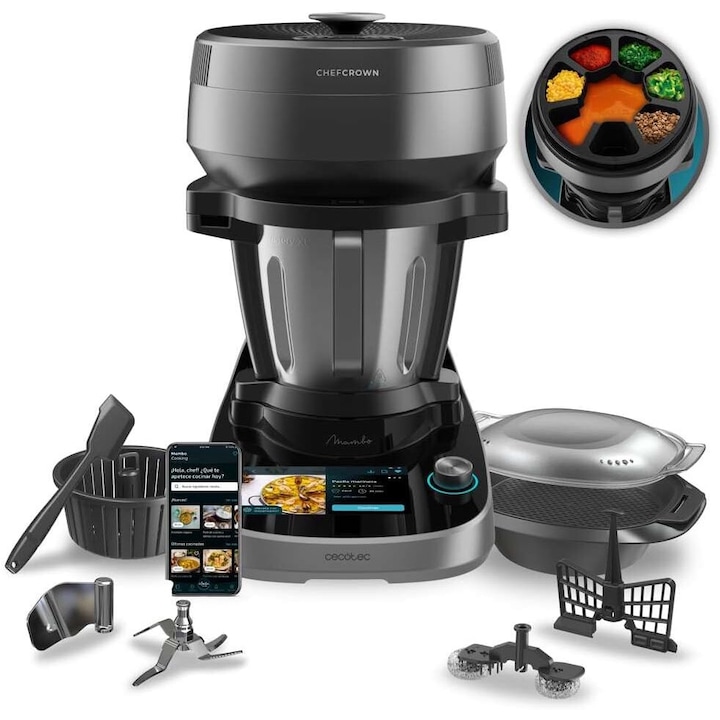 Кухненски робот Cecotec Mambo Cooking Victory, 45 функции, 4,5 л, 1700 W, дозатор за съставки, безплатно приложение за рецепти, тенджери за готвене на пара