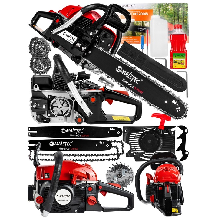 Drujba Pe Benzina, Maltec, Mastercut5700W, Pe Benzina, Putere 5, 7Cp, Sine De 16" Si 18", Set, 2 X Lant, 250ml Ulei Gratuit, Lubrifiere Automata A Lantului, Sistem Anti-Vibratii, Greutate 5, 5 Kg, Negru