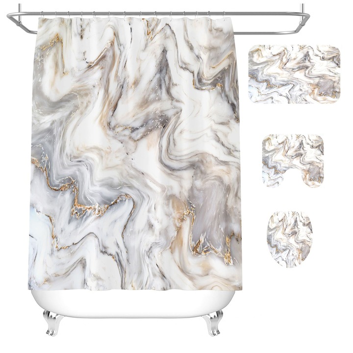 Set 3 piese: perdea de dus cu imprimeu marmura, covoras absorbant, prosop de baie, Enforose, multicolor