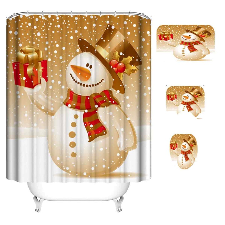 Set perdea de dus cu covorase, Enforose, Mos Craciun om zapada imprimare digitala desen animat rezistent apa poliester, 4 piese