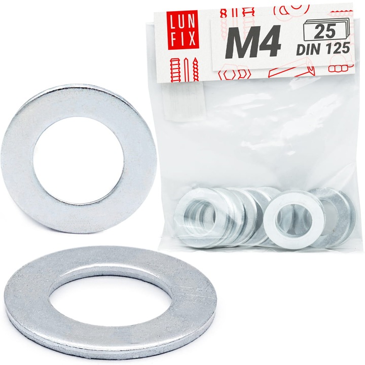 Set 25 bucati piulite plate M4 ocazionate DIN 125, Lun Fix, rezistente la conditii atmosferice