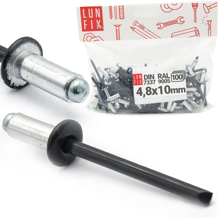 Nituri oarbe Lun Fix 4,8x10mm aluminiu-otel negru RAL9005, set 100 buc.