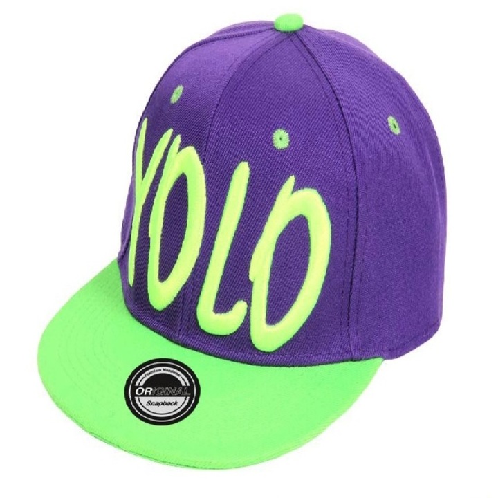 Snapback unisex baseball sapka, YOLO, lila/zöld
