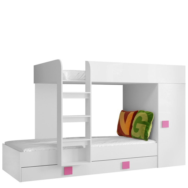 Pat supraetajat Tomson 2 85x200 / 90x200, MIRJAN24, alb / alb lucios + roz, 94x254x165 cm