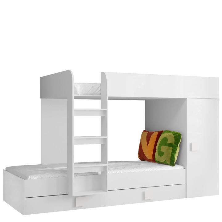 Pat supraetajat Tomson 2 85x200 / 90x200, MIRJAN24, alb / alb lucios, 94x254x165 cm