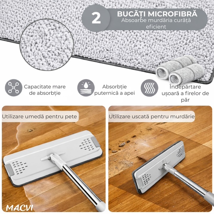 Set Mop Profesional Macvi® cu Galeata 5.7 L, Functie Autostoarcere, Cap Rotativ 360°, Maner Metalic, 121x 33x12 cm Pentru Toate Tipurile de Podele, Alb