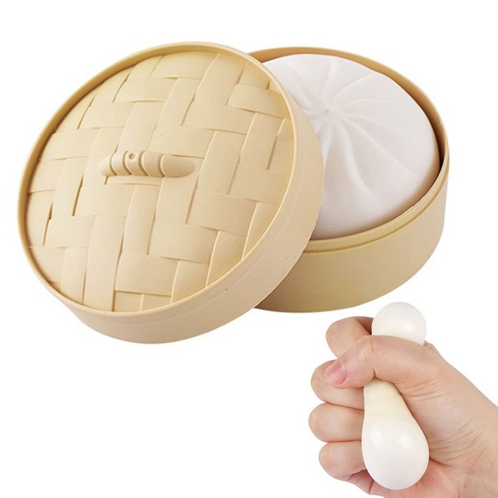 Antistressz játék gyerekeknek, baozi forma, nyomásálló, fehér, 10x5,5 cm