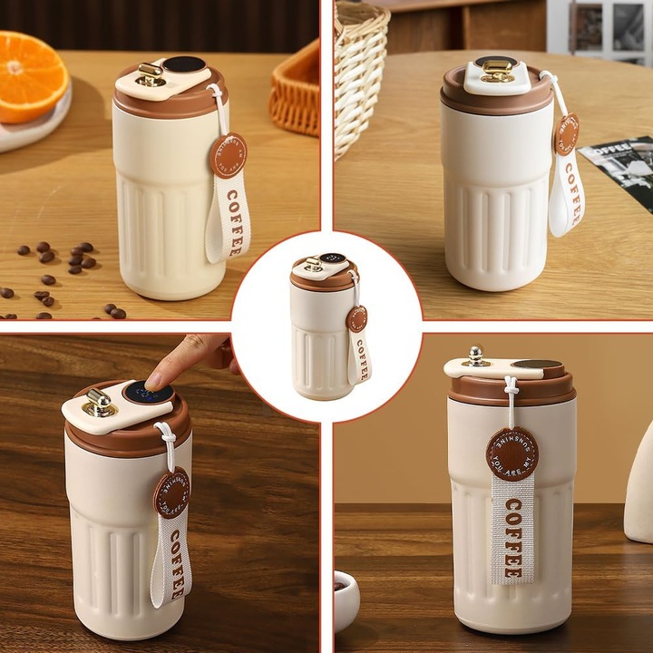 Cana termica din Otel Inoxidabil Aurov®, Afisaj Led, Control Temperatura, Design Premium, Pentru Bauturi Fierbinti sau Reci, Comod la Birou sau in Calatorii, 450 ml, Bej
