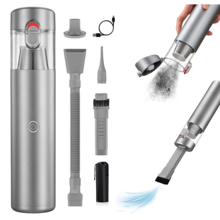 Hordozható autós porszívó, 3 az 1-ben akkumulátorral, Otthoni vagy autós használatra, Vezeték nélküli, Teljesítmény 75 W, 6500 PA, Fúvó funkció, Szívó funkció, Vákuumszivattyú funkció, C típusú töltés, Hepa szűrő, 8 tartozék, MBA SHOP