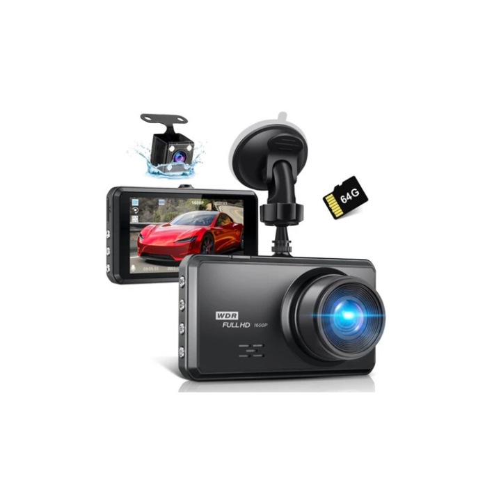Autókamera, 2,5k + 1080p felvétellel, elöl és hátul, fekete