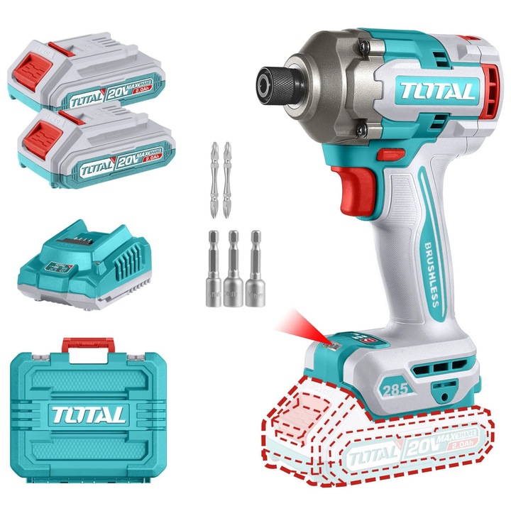 Masina de insurbat cu impact pe acumulator Total - 20V, 2Ah, 285Nm, 2600rpm, 2900bpm, LED, include 2 baterii, incarcator, accesorii