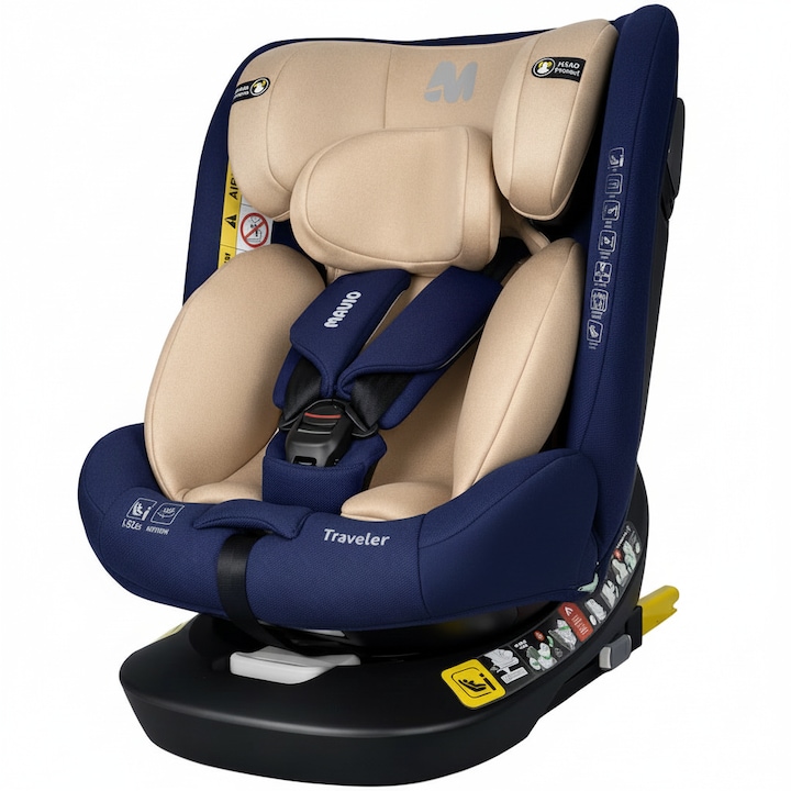 Scaun Auto Bebelusi Mavio®, Model Traveler, 40-150 cm, Rotatie 360 de grade, ISOFIX, Copii intre 0 - 12 ani, Omologat i-Size R129, Protectie Impact Lateral, Centura de Siguranta 5 Puncte, Tetiera Reglabila, Pozitie de Somn, Husa Detasabila, Albastru/ Crem