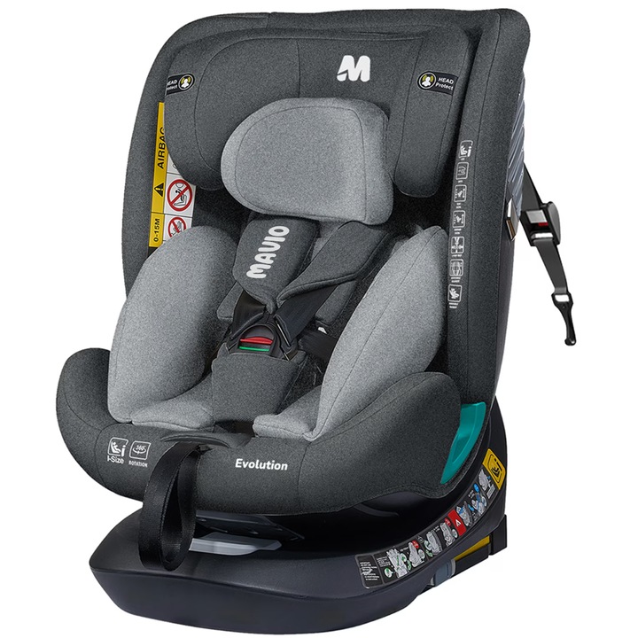 Scaun Auto Bebelusi Mavio®, Model Evolution, 40-150 cm, Rotatie 360 de grade, ISOFIX, Copii intre 0 - 12 ani, Omologat i-Size R129, Protectie Impact Lateral, Centura de Siguranta 5 Puncte, Tetiera Reglabila, Pozitie de Somn, Husa Detasabila, Gri
