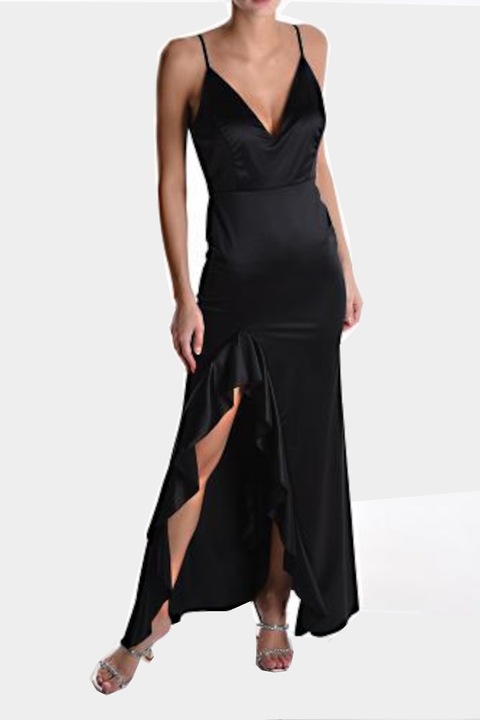 Rochie Lunga in Saten, 621011, cu Bretele Negru, M
