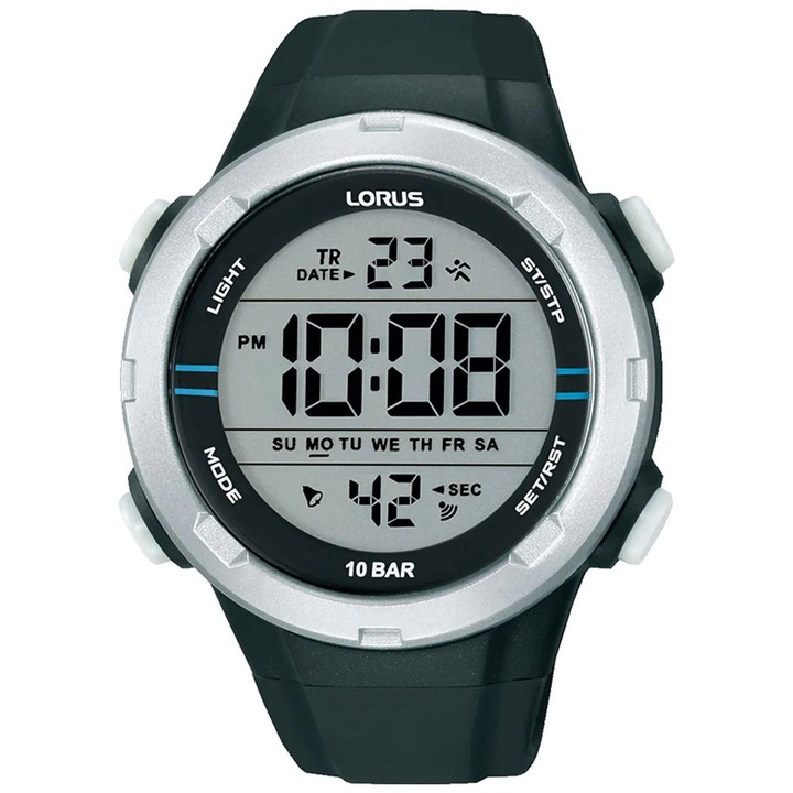 Ceas barbati Lorus, plastic/cauciuc, negru, 46mm, rezistent la apa 10 ATM