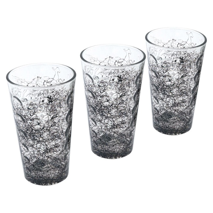 Комплект от 3 чаши Shopiens® от прозрачно стъкло с черни хоризонтални ивици, 450 мл