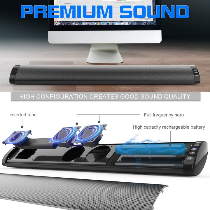 Bara de sunet, conexiune Bluetooth, 20W, stereo 360°, efect de sunet HiFi, FM, 2000mAh, negru