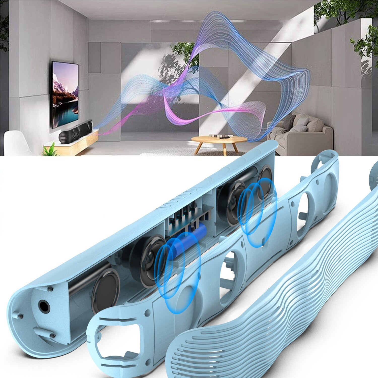 Bara de sunet, Bluetooth 5.0, 20W, 75dB, calitate sunet HIFI, FM, telecomanda, albastru