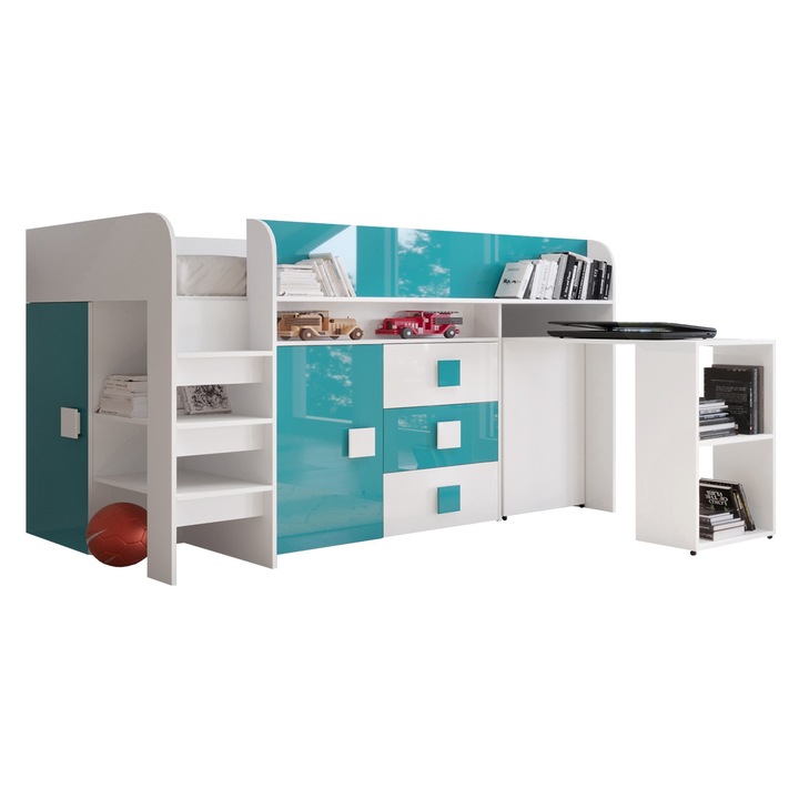 Pat supraetajat Tomson 1 90x200, MIRJAN24, alb / turcoaz lucios + alb lucios, 197x204x125 cm