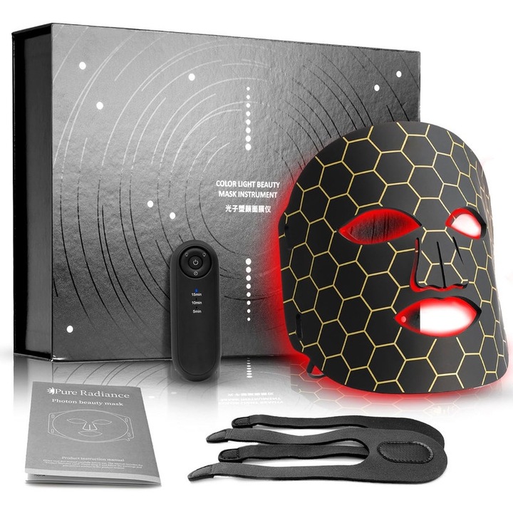 LED fényterápiás maszk, 7 üzemmód, 288 LED, fekete