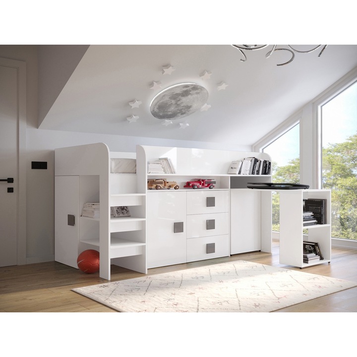 Pat supraetajat Tomson 1 90x200, MIRJAN24, alb / alb lucios + gri, 197x204x125 cm