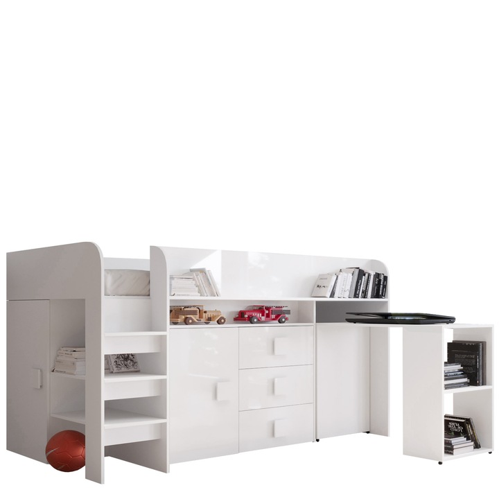 Pat supraetajat Tomson 1 90x200, MIRJAN24, alb / alb lucios, 197x204x125 cm