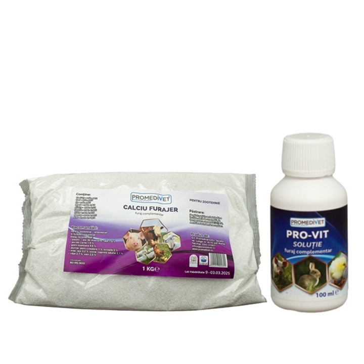Pachet Pro-Vit Complec Vitaminic Buvabil, ajuta la intarirea sistemului imunitar, protejeaza in perioada de stres, imbunatateste sporul in greutate si capacitatea reproductiva pentru Pui, Gaini, Curci, Porci, Vitei, Miei, 100ml si Calciu Furajer1kg