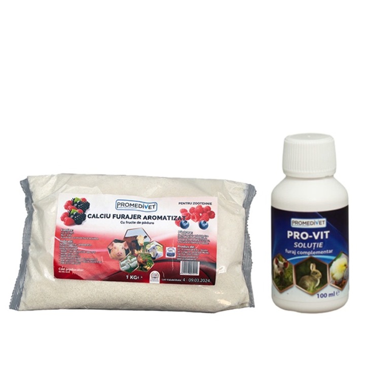 Pachet Pro-Vit Complec Vitaminic Buvabil, ajuta sistemului imunitar, protejeaza in perioada de stres, imbunatateste sporul in greutate si capacitatea reproductiva pentru Pui, Gaini, Porci, Vitei, Miei, 100ml si Calciu Aromatizat Fructe de Padure 1kg
