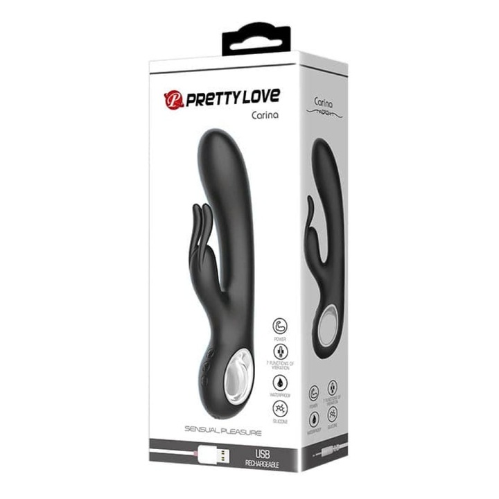 Vibrator Carina - PrettyLove - Black, dual stimulare, rezistent la apa, 7 setari de vibratie, 2x19cm
