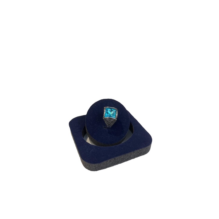 Inel cu piatra acvamarin patrata, argintiu