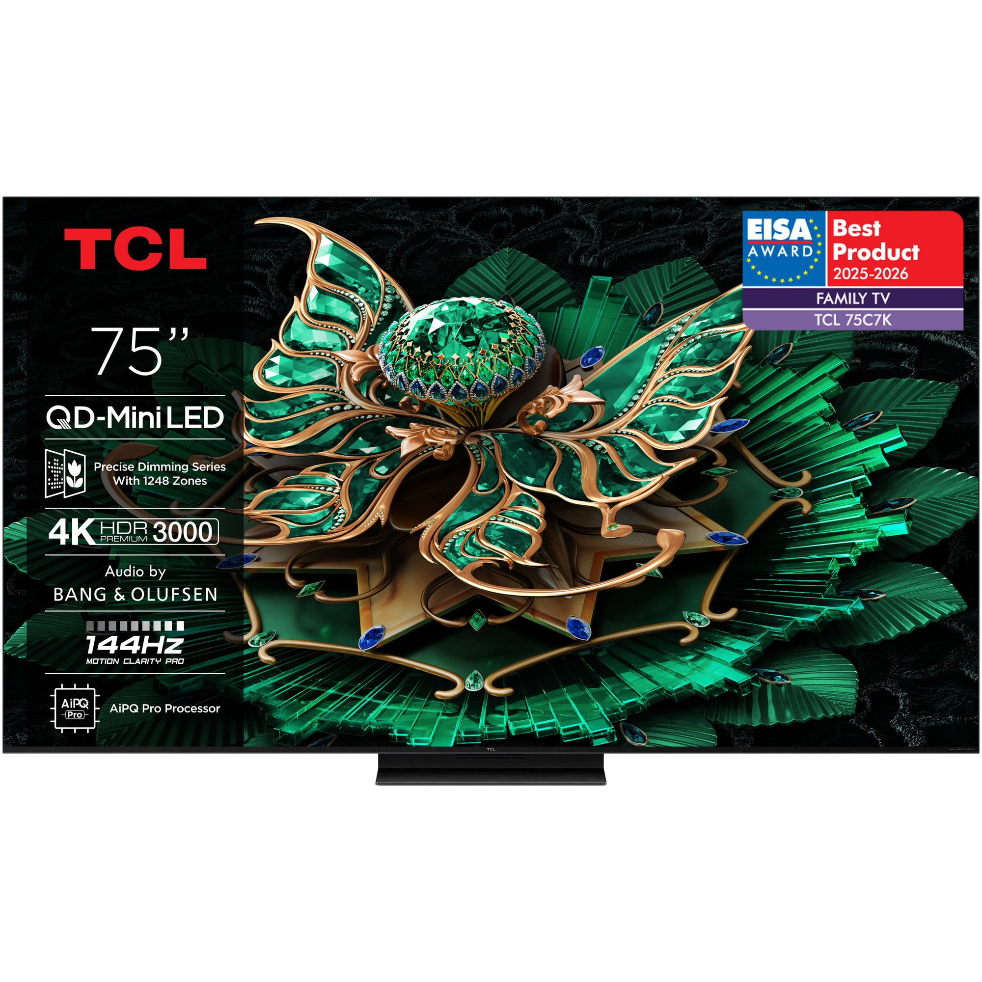 Televizor TCL QD-MiniLed 75C7K, 189 cm, Smart Google TV, 4K Ultra HD, 100Hz, Sunet Bang & Olufsen, Clasa F (Model 2025)