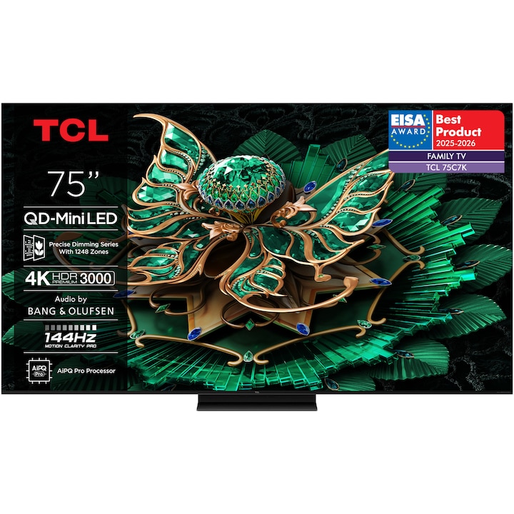 Телевизор TCL MiniLed 75C7K, 75" (189 см), Smart Google TV, 4K Ultra HD, 100Hz, Клас F (Модел 2025)