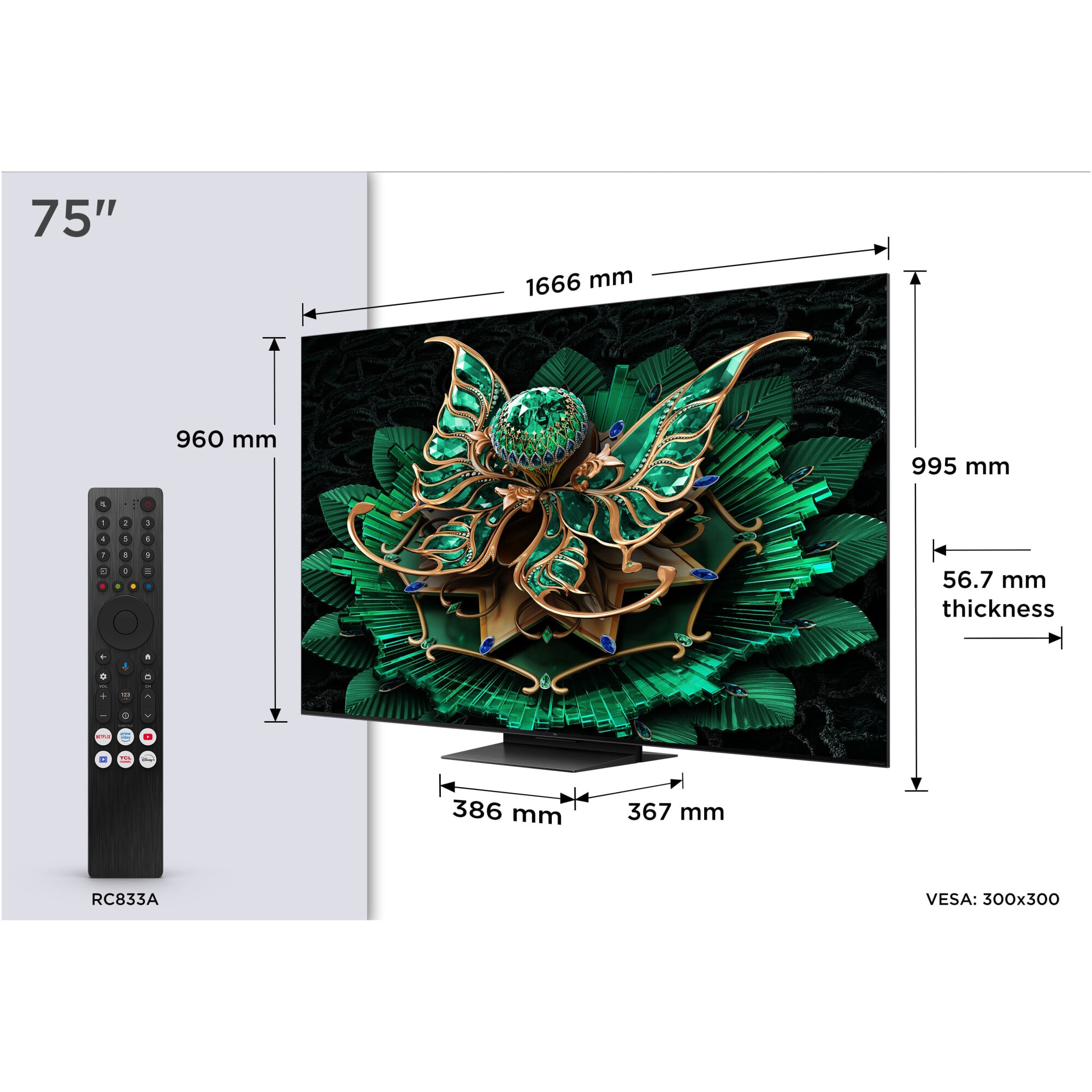 Televizor TCL QD-MiniLed 75C7K, 189 cm, Smart Google TV, 4K Ultra HD, 100Hz, Sunet Bang & Olufsen, Clasa F (Model 2025)