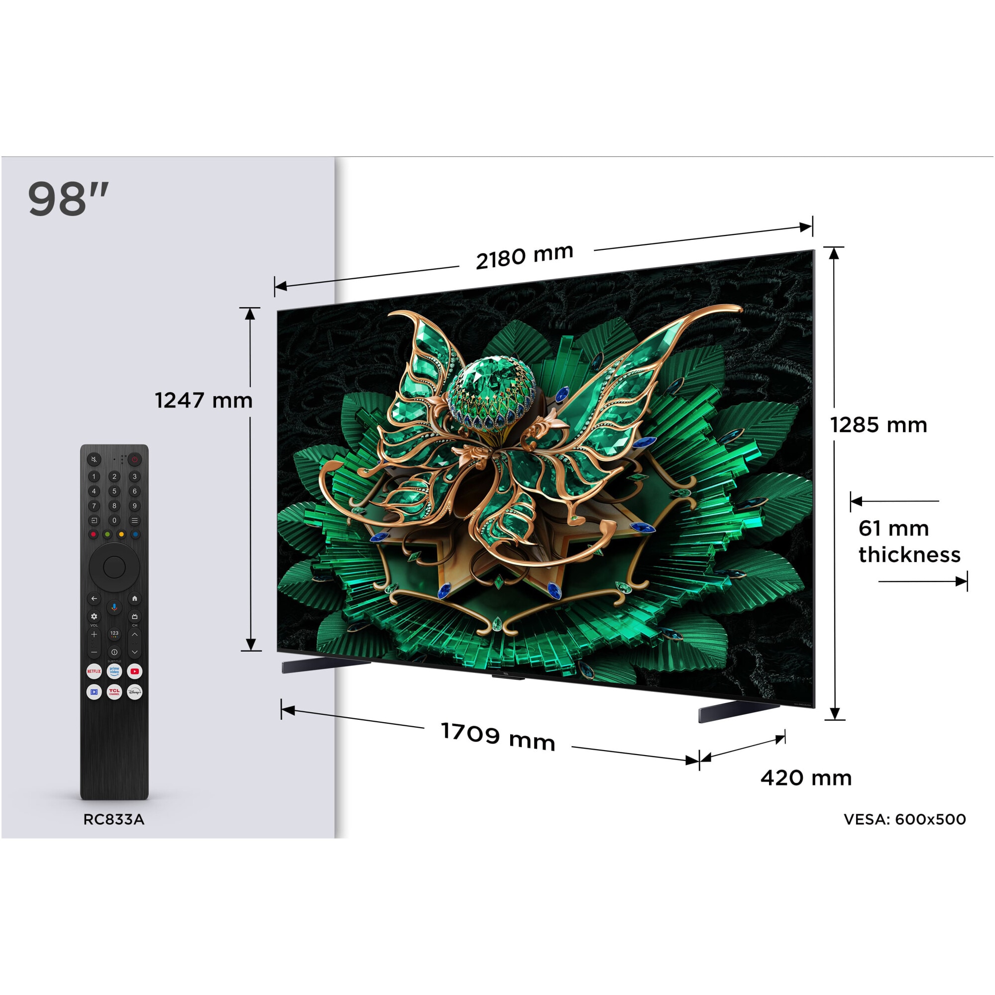 Televizor TCL QD-MiniLed 98C7K, 248 cm, Smart Google TV, 4K Ultra HD, 100Hz, Sunet Bang & Olufsen, Clasa E (Model 2025)