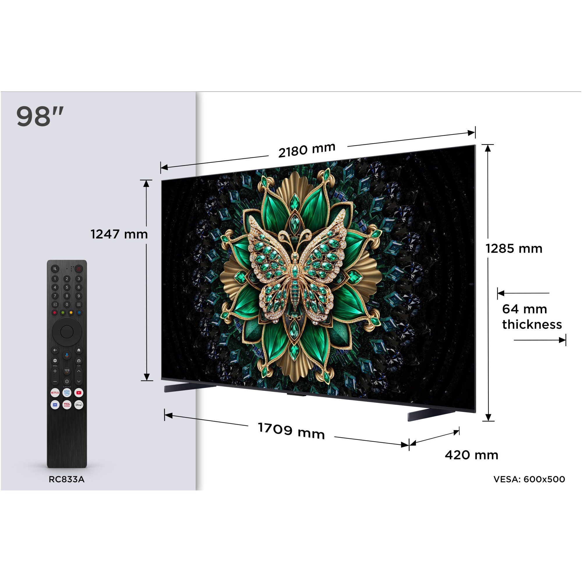 Televizor TCL QD-MiniLed 98C6K, 248 cm, Smart Google TV, 4K Ultra HD, 100Hz, Clasa E (Model 2025)