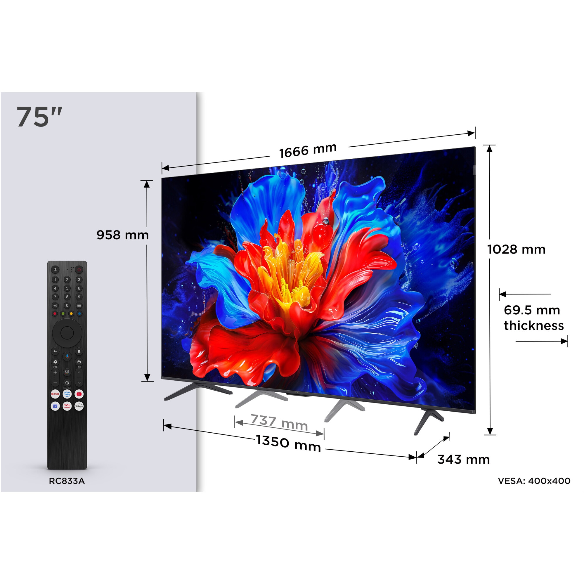 Televizor TCL QLED 75P8K, 189 cm, Smart Google TV, 4K Ultra HD