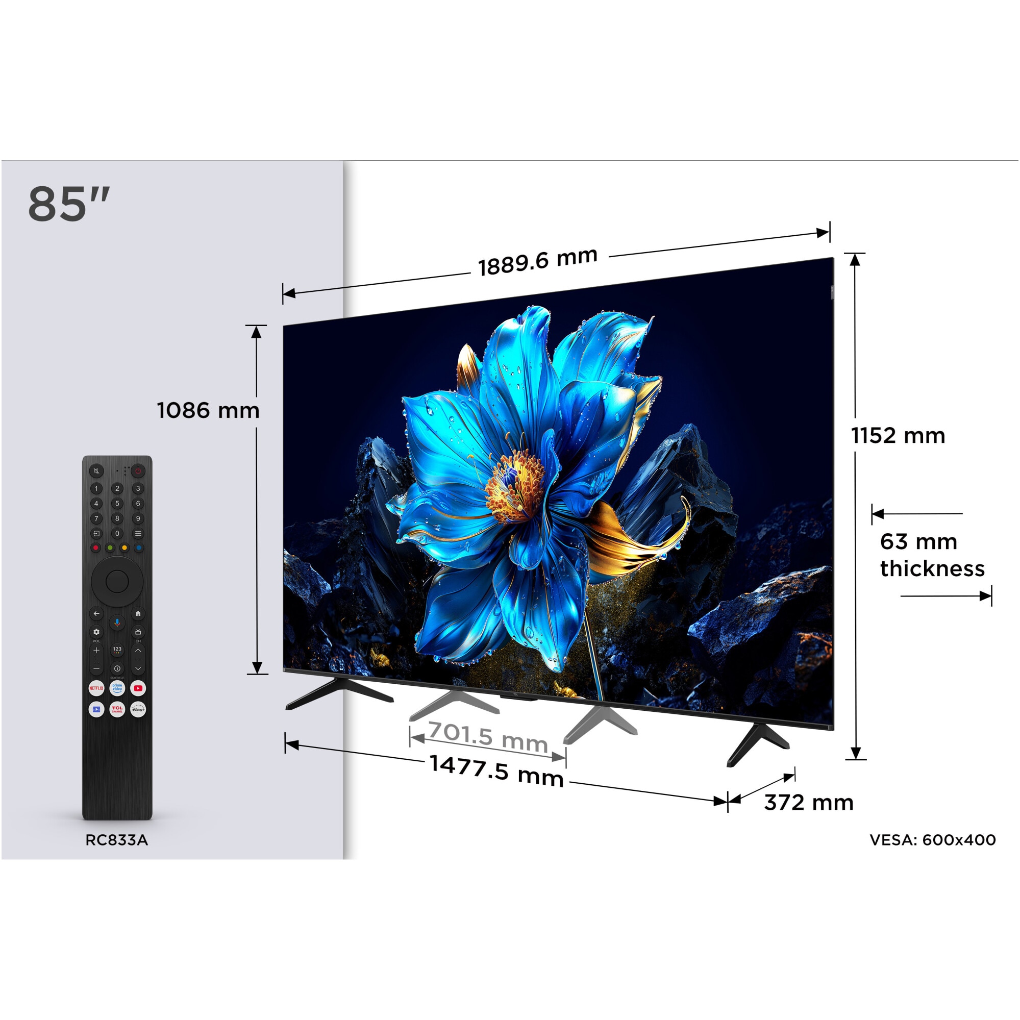 Televizor TCL QLED 85P7K, 214 cm, Smart Google TV, 4K Ultra HD