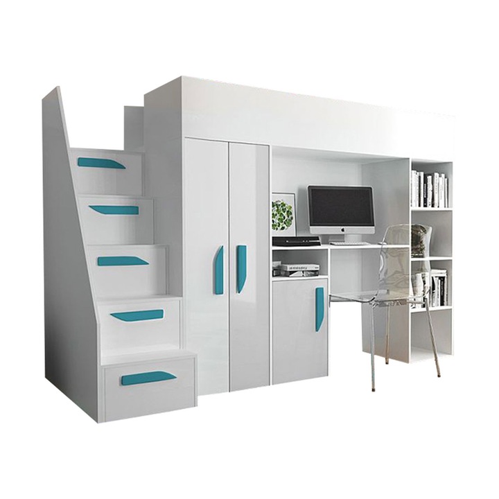 Pat supraetajat Pen 14 90x200, MIRJAN24, alb / alb lucios + turcoaz, 120x247x166 cm