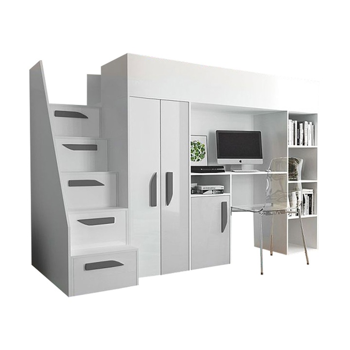 Pat supraetajat Pen 14 90x200, MIRJAN24, alb / alb lucios + gri, 120x247x166 cm