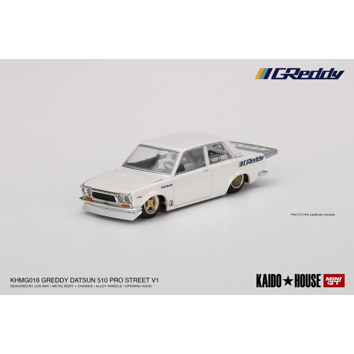 Macheta auto Kaido House Datsun 510 Pro Street Greddy Alb, 1:64