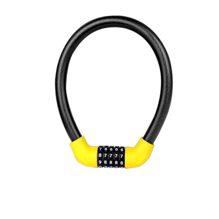Lacat antifurt biciclete si alte valori, otel spiralat, cu 5 digiti, 100000 variante cifru, lungime 50 cm, diametru 21 cm, cu protectie PVC, pentru protectie cadru