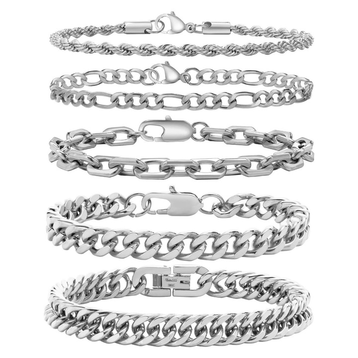 Set 5 bratara cuban chain, fashion, otel inoxidabil, Vanaxalife®, Argintiu