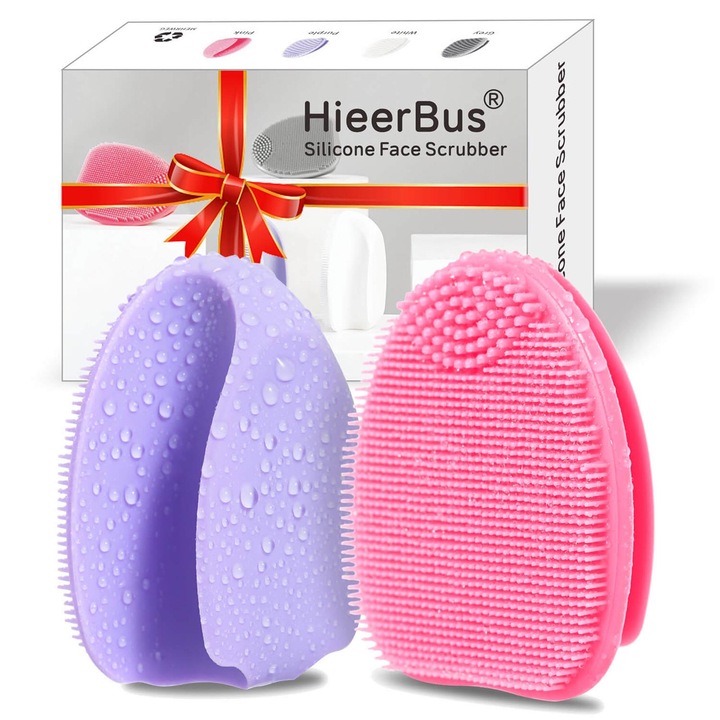 Perie faciala din silicon pentru curatarea fetei si tenului, HIEERBUS, exfoliere blanda, demachiere, masaj facial, unisex, ergonomic, usor de curatat, portabil, Set 2 Buc (Roz + Violet)