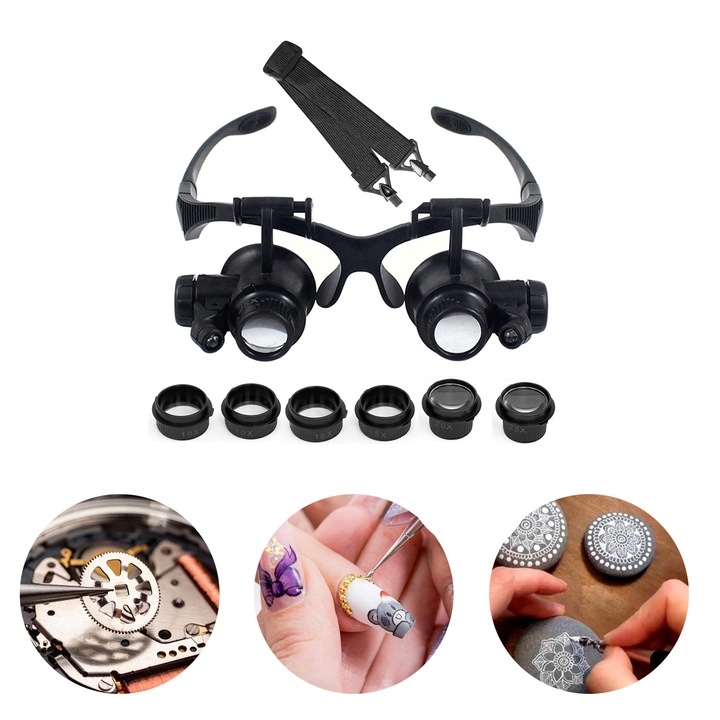 Lupa cu banda pentru cap, Ochelari cu Lupa Ceasornicar de Precizie, SINBINTA, Cu iluminare LED, marire 10x/15x/20x/25x, Lentile detasabile, Design ergonomic, Pentru bijuterii, arta, mestesuguri si lucrari apropiate, Plastic, 205x145mm, Negru