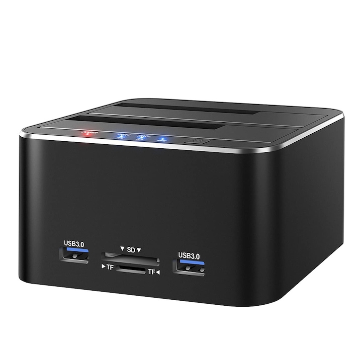 Докинг станция за твърд диск, USB 3.0 SATA към HDD докинг станция за 2.5 и 3.5-инчови SATA HDD/SSD, двоен слот, поддръжка за офлайн клониране, четец за SD/TF карти, USB портове, WALALLA, Черен