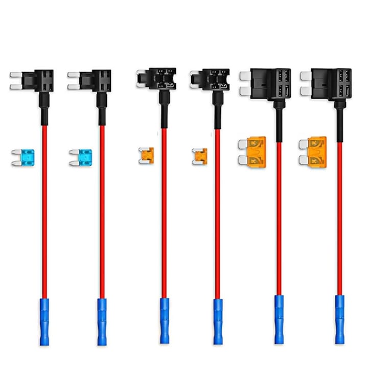 Set de 6 adaptoare pentru panoul de sigurante auto, cu suport pentru sigurante si circuit suplimentar - Tipuri Mini, Small, Medium, 12V, cablu de 16 dimensiuni, culoare neagra