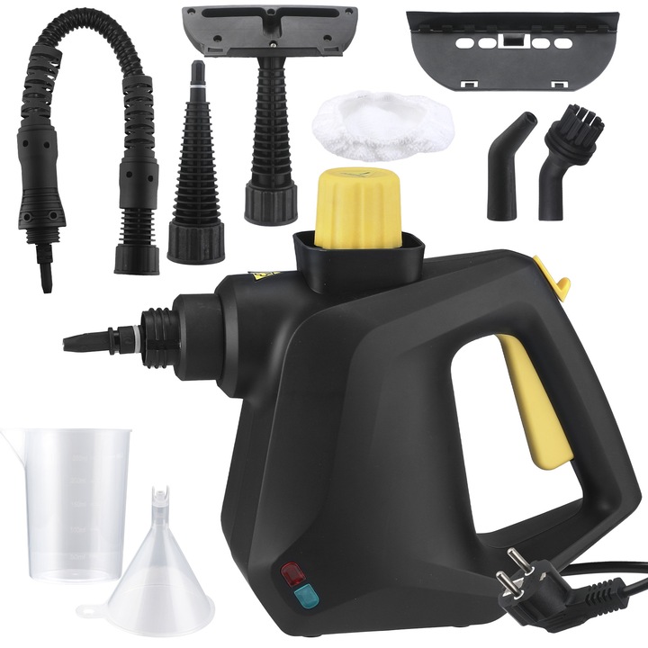 Преносим парочистачка, многофункционална, с пара под високо налягане, със заключване за безопасност и аксесоари за килим, диван, дрехи, тапицерия, кухня, баня, мебели, резервоар 350мл, WALALLA, черен