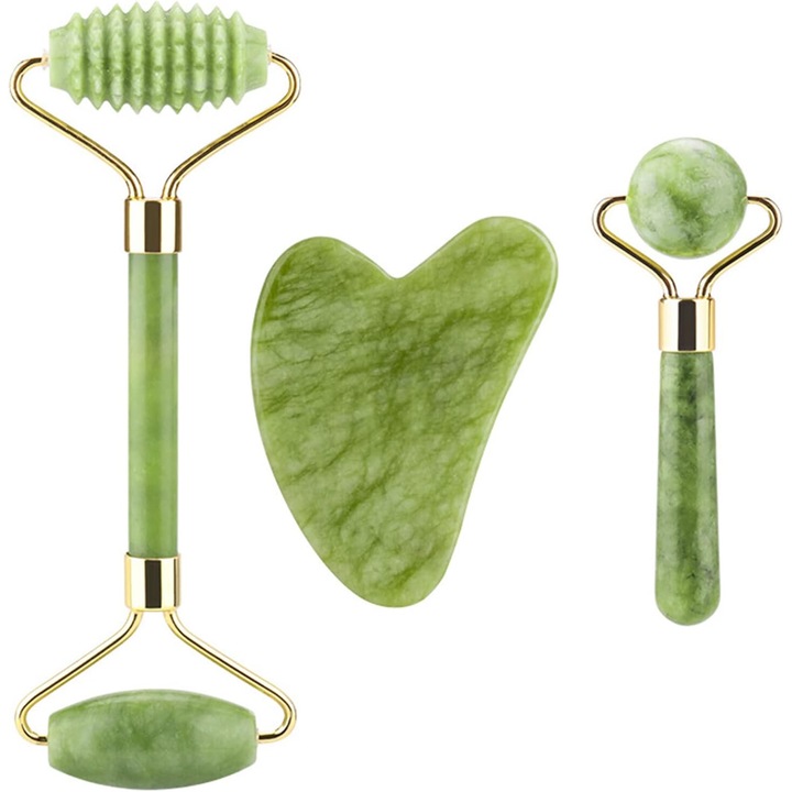 Jade arcroller és Gua Sha készlet, masszázseszközök a puffadtság elvezetésére és a ráncok ellazítására, 3 az 1-ben arcmasszázs készlet (zöld)