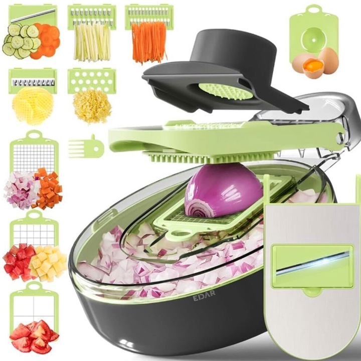 Feliator Multifunctional EDAR De Legume Si Fructe 9 In 1, Tocator Manual Cu Functii de Taiere, Feliere, Radere, Lame Interschimbabile Din Otel Inoxidabil, Tava De Scurgere, Protectie Mana, 29.5 x 9 cm, Gri/Verde