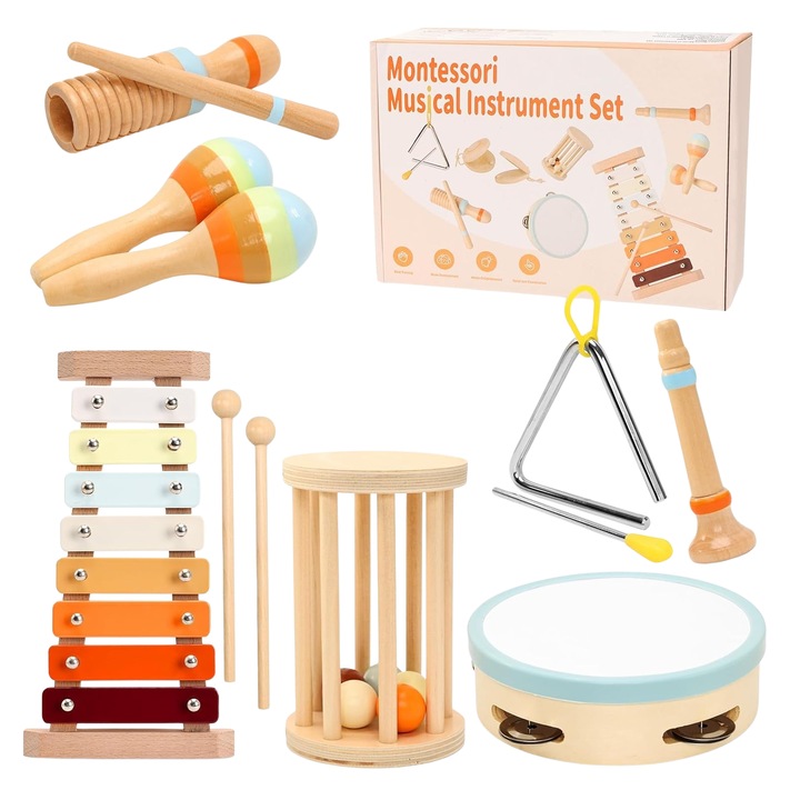 8 Instrumente musicale Montessori din lemn pentru copii, + 3 ani